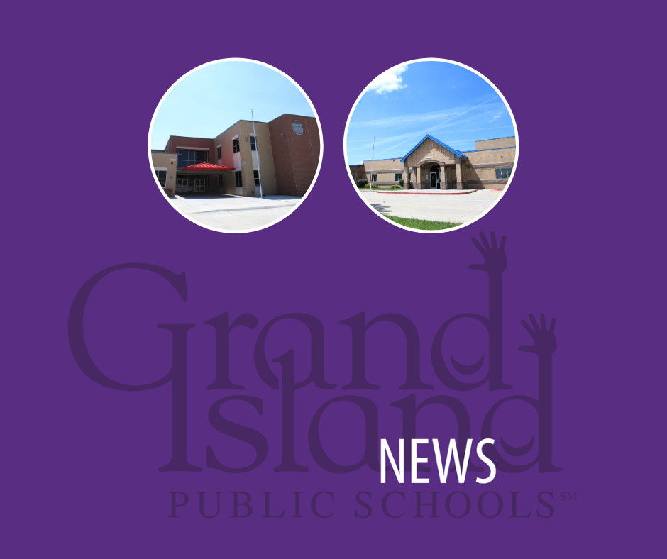Purple "GIPS News" graphic with small circled photos of Stolley Park Elementary & Seedling Mile Elementary.